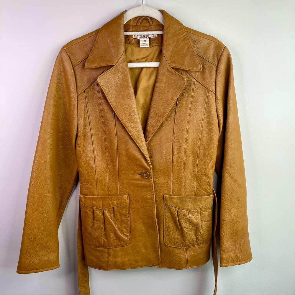 American Rag Tan 100% Leather Blazer Jacket with Notched Lapel Size M